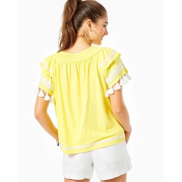 Lilly Pulitzer NAILAH TOP Lillys Lemon Yellow Tassel Embroidery XS - Picture 2 of 9